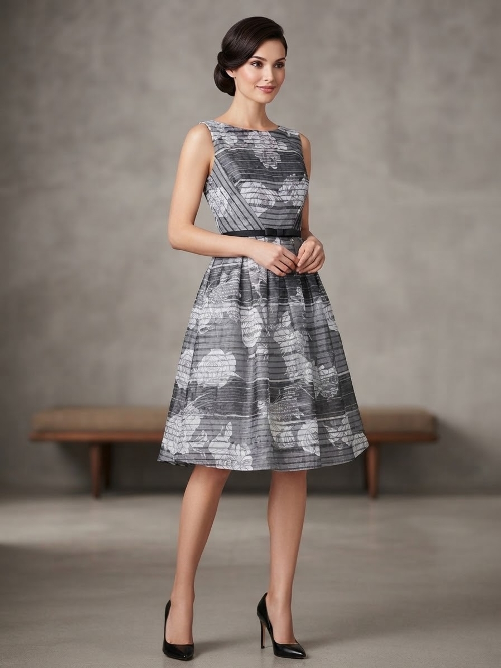Attitude Chic Grey Floral Midi Fit-and-Flare Dress Size 6